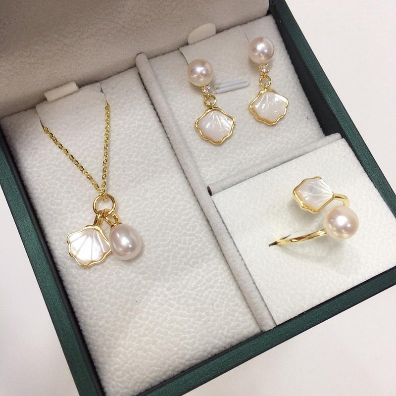  Bộ dây chuyền Bông tai Nhẫn sò khảm sà cừ ngọc trai nuôi nước ngọt sáng bóng bạc S925 mạ vàng 