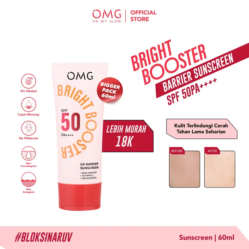 [6.6 MEGA SALE] OMG Oh My Glow Bright Booster UV Barrier Sunscreen 25 Ml SPF 50 PA+++  - Untuk Semua Jenis Kulit - Tone Up Sunscreen - Ringan, Cepat Meresap, Cerah Instan - Mengandung Niacinamide & Vitamin C - Sunblock, Tabir Surya 2
