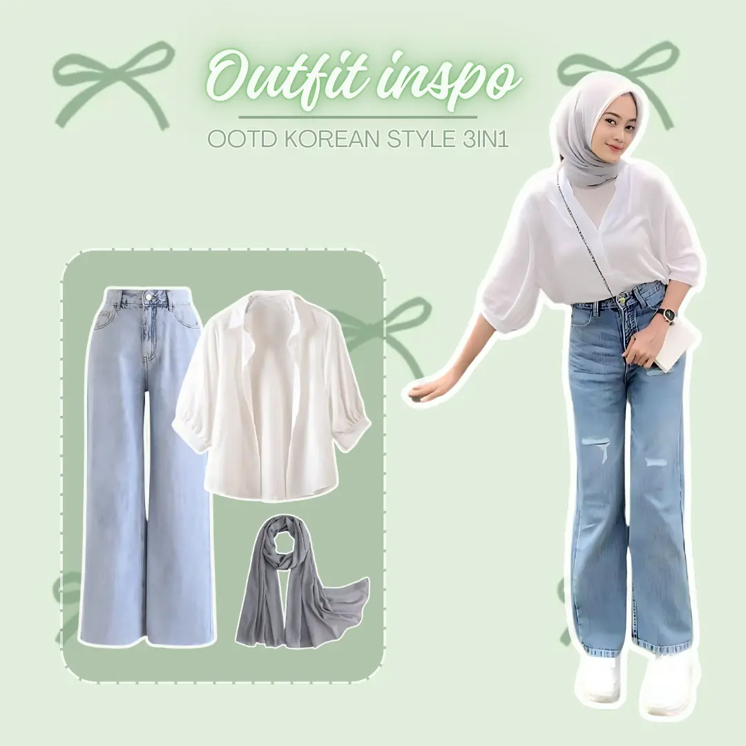 One Set Wanita 3 IN1 Outer blouse, Celana jeans, Hijab Outfit Kuliah, bukber, nongki Ala selebgram Kekinian - Set B87