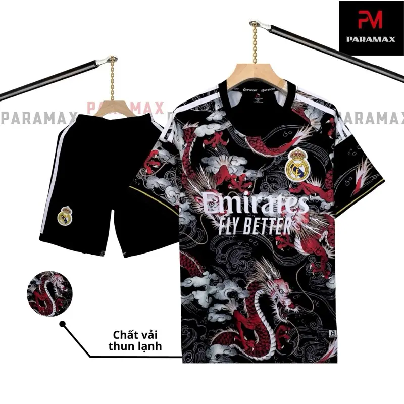 Bộ quần áo bóng đá, đồ đá banh REAL RỒNG ĐỎ  logo THÊU thun lạnh cao cấp LOẠI I Top Sport