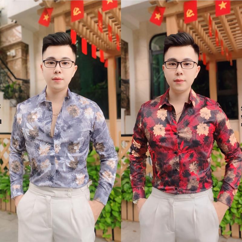 Áo sơ mi lụa nam không nhăn thiết kế phối họa tiết hoa phong lữ 5215