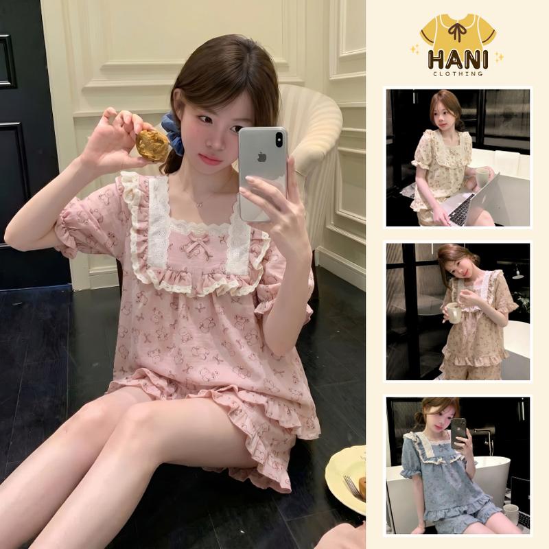 Bộ Đồ Ngủ Nữ Pijama Chất Đũi Vân Mây Tiểu Thư HANI Thiết Kế Babydoll Đáng Yêu Chất Mềm Mịn Mát HK01