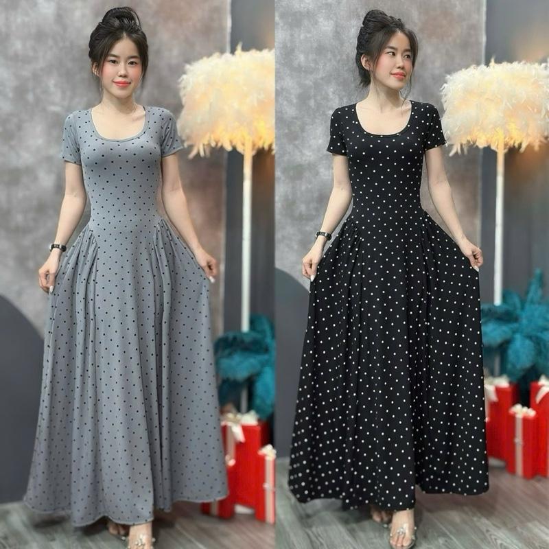 Đầm Chấm Bi Tay Ngắn Dáng Dài Dễ Thương Tôn Dáng