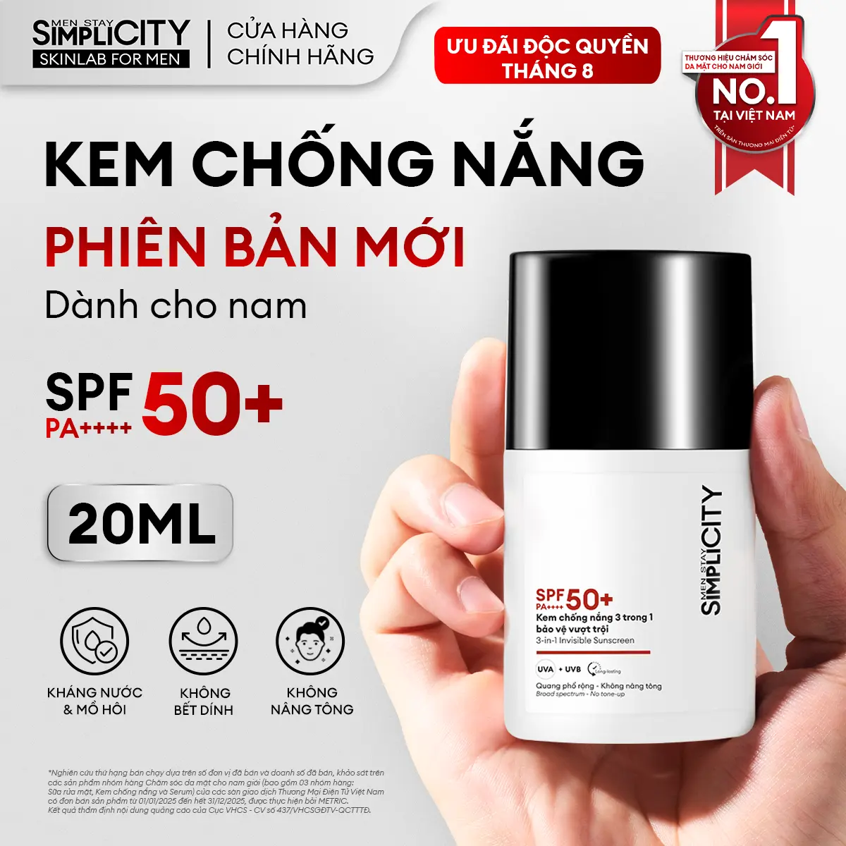 Kem chống nắng nam Men Stay Simplicity Invisible Sunscreen 3in1 giúp bảo vệ da vượt trội, không nâng tông, không nhờn rít, không nặng mặt SPF 50+ PA++++ 20ml