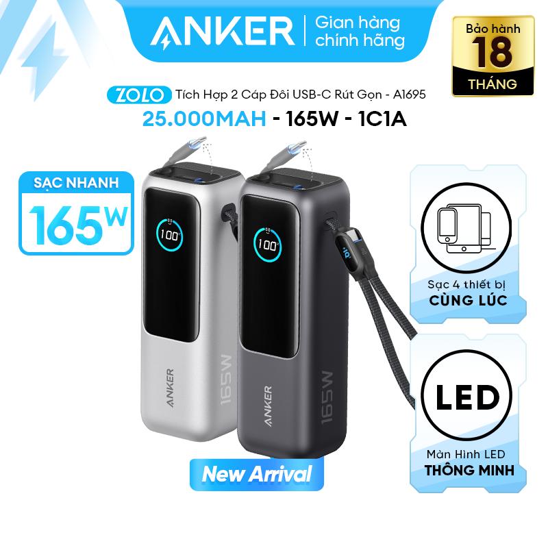 Sạc dự phòng Anker Zolo dung lượng lớn 25000mAh | Công suất cao 165W | 2 cổng 1C1A | Tích hợp 2 dây cáp USB-C có thể thu gọn | Sạc cùng lúc 4 thiết bị | Màn hình thông minh | Nhỏ gọn tiện lợi - A1695