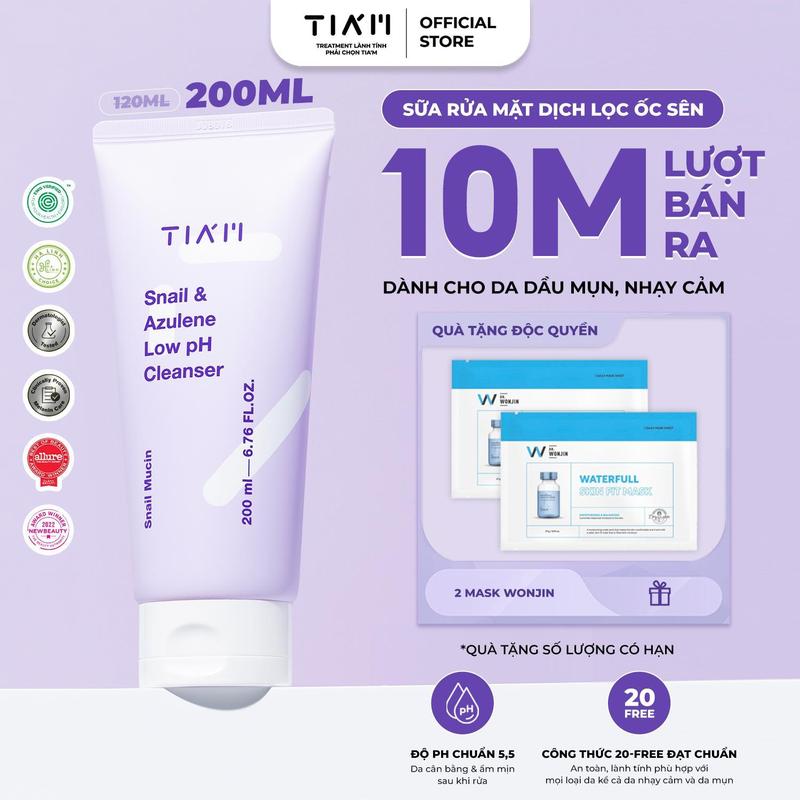 TIA'M Sữa Rửa Mặt Tinh Chất Dịch Lọc Ốc Sên Làm Dịu Và Hỗ Trợ Phục Hồi Dành Cho Da Dầu Mụn, Nhạy Cảm TIA’M Snail & Azulene Low pH Cleanser 200ml