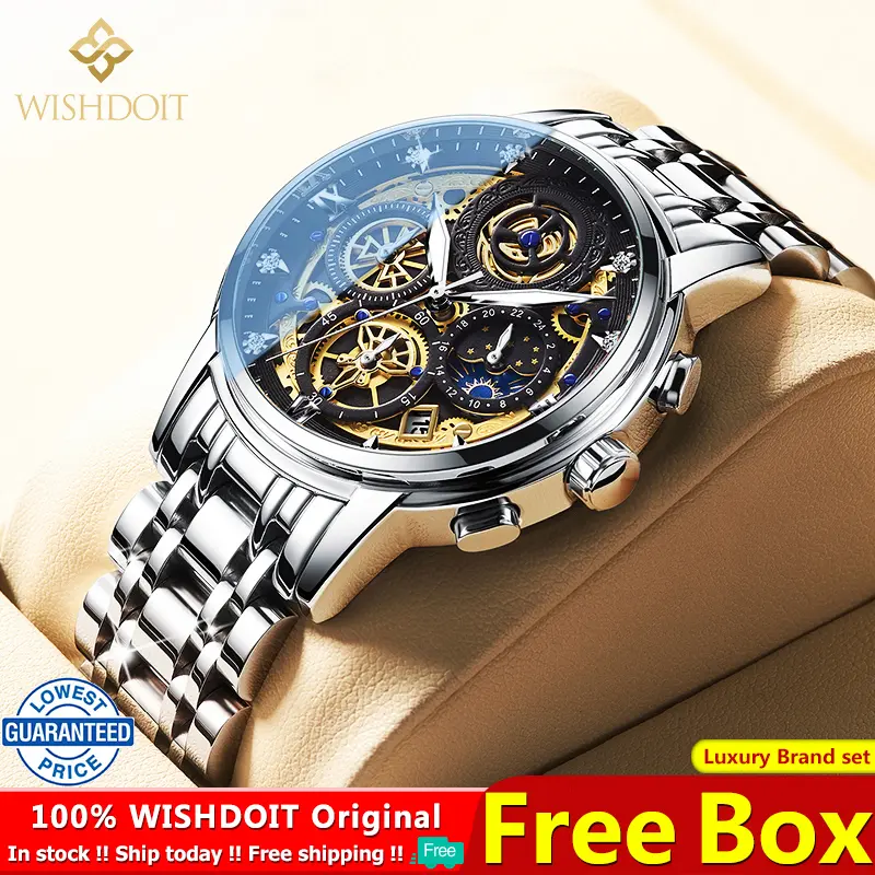 Jam Tangan Lelaki, jenama WISHDOIT Watches , 100% Asli, Kalis Air, Keluli Tahan Karat, Kualiti Tinggi, Gaya Perniagaan dan Fesyen, Chronograph Pelbagai Fungsi, Fasa Bulan dan Kalendar, Berkilau, Jenama Mewah, Authentik, [COD]