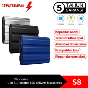 【CepatSimpan】S8 1TB/2TB/4TB, Portable SSD, up-to 520MB/s, USB 3.1 Gen2, Rugged,Water & Dust Resistant, for Butuh penyimpanan dan transfer file cepat.Extenal Solid State Drive