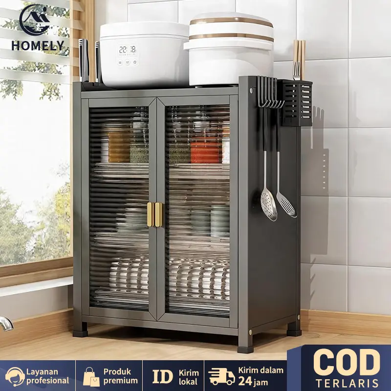 Rak Dapur dengan Pintu Lemari Piring Meja Dapur 44CM Rak Bumbu Penyimpanan Serbaguna Anti Debu