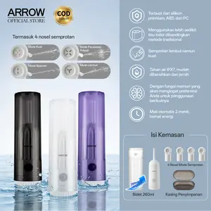 ARROW Bidet Portable Elektrik 260ml – 3 Warna Pilihan, 2 Mode, 4 Nozel, IPX7 Anti Air, Memori & Hemat Daya. Cocok untuk Ibadah (Wudhu), Ibu Nifas & Menyusui, Ibu Hamil, Bayi & Balita, Camping, Travel, Luar Ruangan – Praktis Bawa Kemana Saja