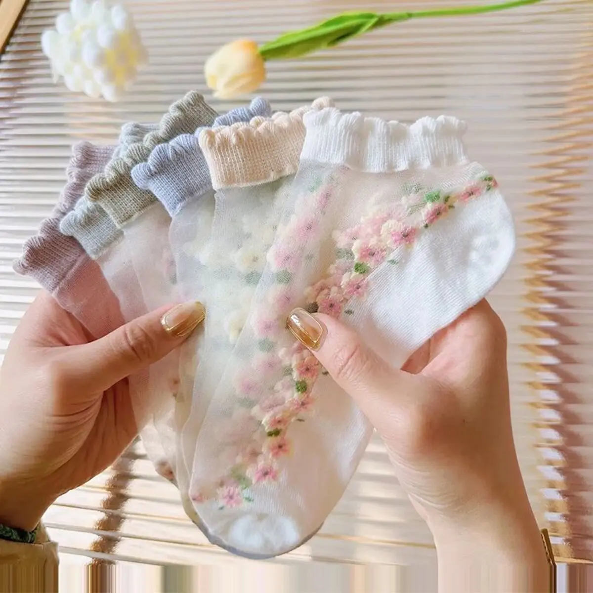 Tất Lụa Thủy Tinh Pha Lê, 5 Đôi, Siêu Mỏng, Tất Lụa Ren Lastic, Mùa Hè Trong Suốt Và Thoáng Khí, Tất Ngắn, Sợi Thủy Tinh Họa Tiết Hoa