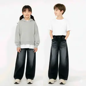 premium Celana anak Skena gombrong Baggy jeans wide leg  Unisex Hitam Wisker Jeans 13 0z,  Size 24-27 Umur 7-18 Tahun,  boys Fashion