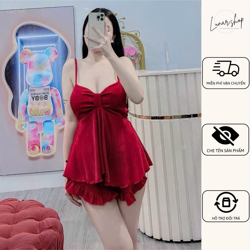   Có Bigsize  Set Đùi Nơ 2 Dây Quần Bèo Vải Latin Mềm Có Tăng Chỉnh Không Mút Lót đồ bộ mặc ở nhà đồ ngủ đồ ngủ cho nữ bộ ngủ nữ mặc ở nhà 