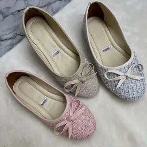 Flat Shoes Wanita Tweed Ribbon Pita Elegan Ringan & Nyaman Sol Anti Slip Cocok untuk Kerja Kuliah dan Acara Santai
