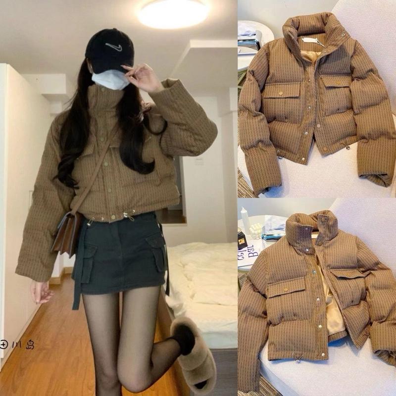 Áo phao kẻ nâu đệm cotton dáng croptop ngắn phong cách Hàn Quốc CÓ BIG SIZE MIHN SP62