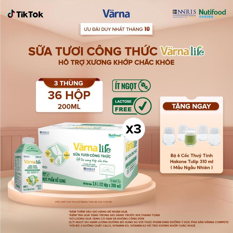[Live] Combo 3 Thùng 12 Hộp Sữa Tươi Công Thức Varna Life Hỗ Trợ Xương Khớp Chắc Khoẻ (36 x 200ml) - Xanh