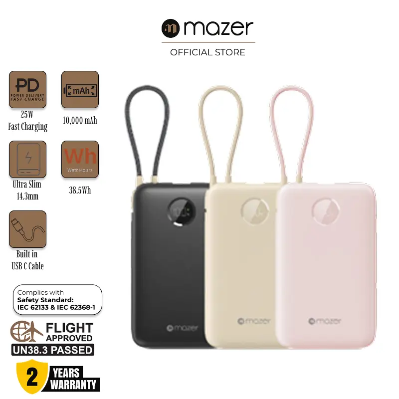 Mazer Power Bank 10000mAh 25W Portable Charger with Built in Dual USB C Cable, Fast Charging for iPhones, iPads, Samsung Smartphones and Other Android Devices