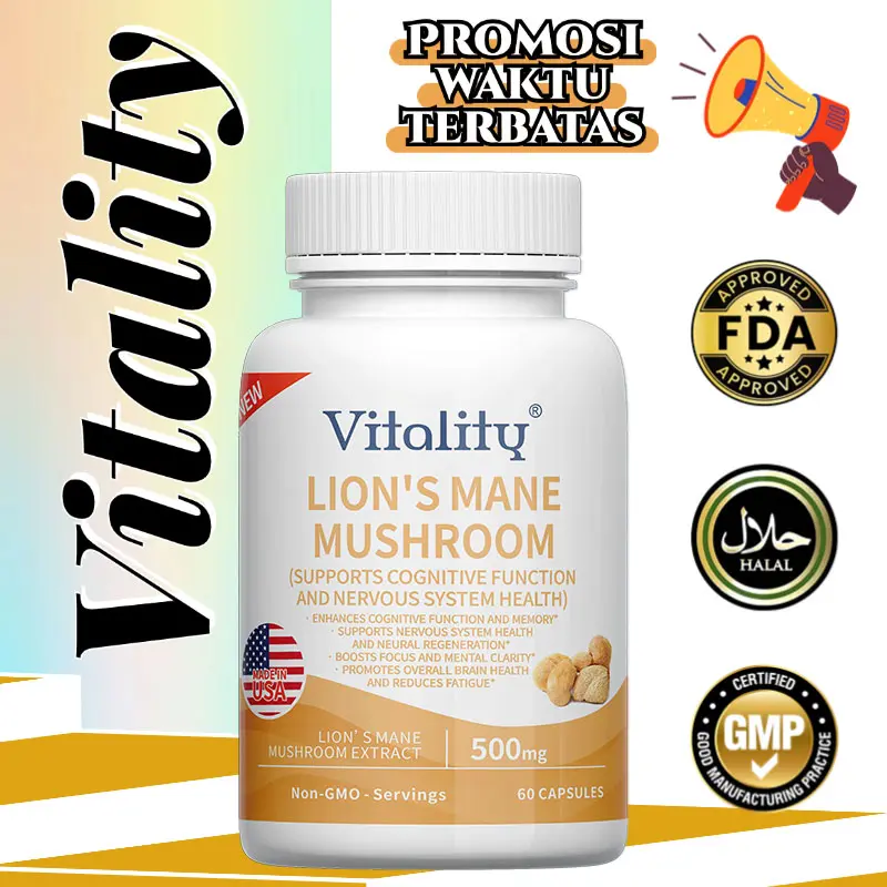 JAMUR LION'S MANE, 500mg, bantu kejernihan berpikir, tingkatkan fokus, kurangi kelelahan otak