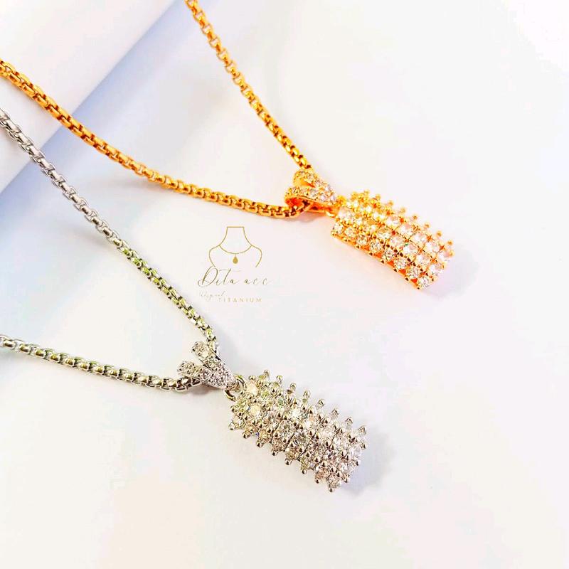 Kalung Titanium Plus Liontin Balok Permata Elegan dan Minimalis Awet di Pakai Harian Anti Luntur dan Karat Fashion Wanita Kekinian 5
