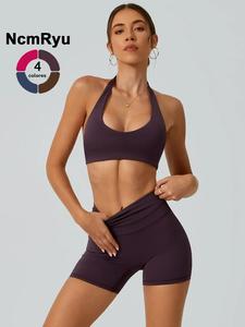 Conjunto de 2 piezas sujetadores deportivos para mujer, pantalones cortos, almohadillas para el pecho desmontables, cintura alta, compresión de alta elasticidad, secado rápido, yoga, gimnasio, entrenamiento, golf, tenis, ropa para mujer
