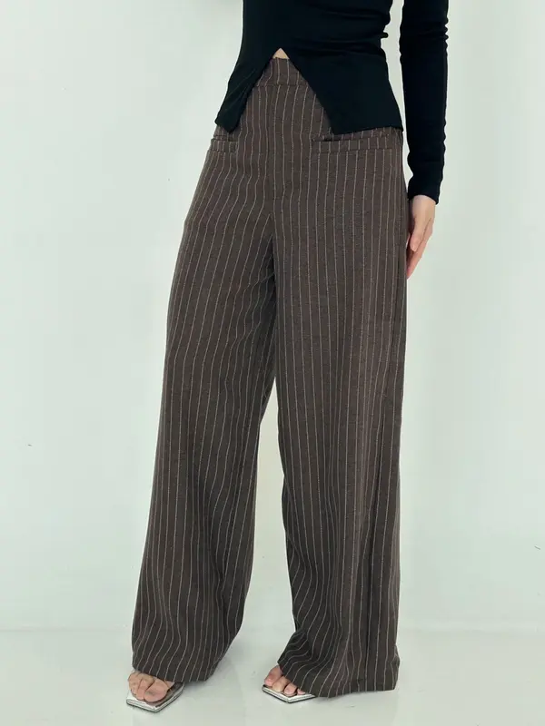 [Poshy] Kimberly Loose Stripe Pants Highwaist Semiwool Pockets Celana Panjang Wanita Premium Straight Trouser Celana Garis 6