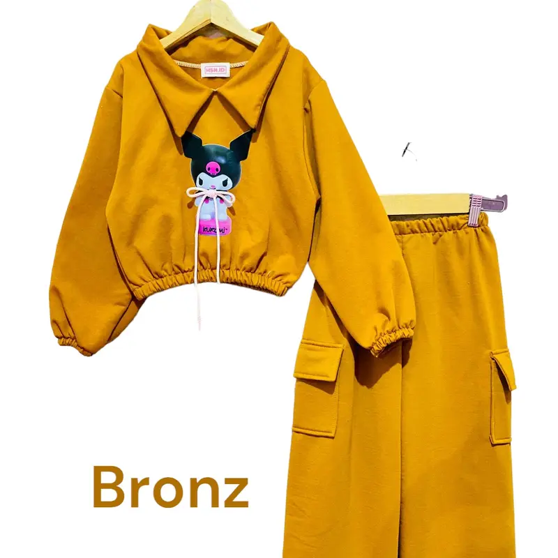 Baju Setelan Sweter Crop Anak Perempuan Gambar Kuromi Viral 3D tali Timbul Celana Cargo usia 2 sampai 12 Tahun 5