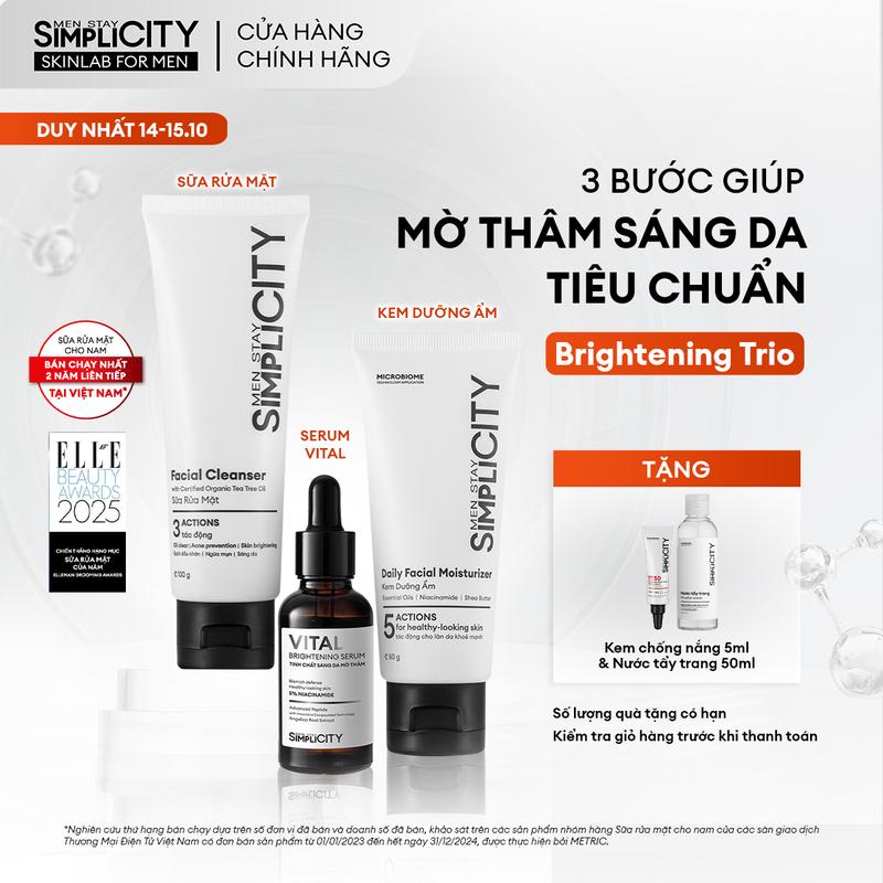 Combo giúp mờ thâm sáng da tiêu chuẩn dành cho nam Men Stay Simplicity Brightening Trio gồm: Sữa rửa mặt 100g, Serum Vital 30g & Kem dưỡng ẩm 80g