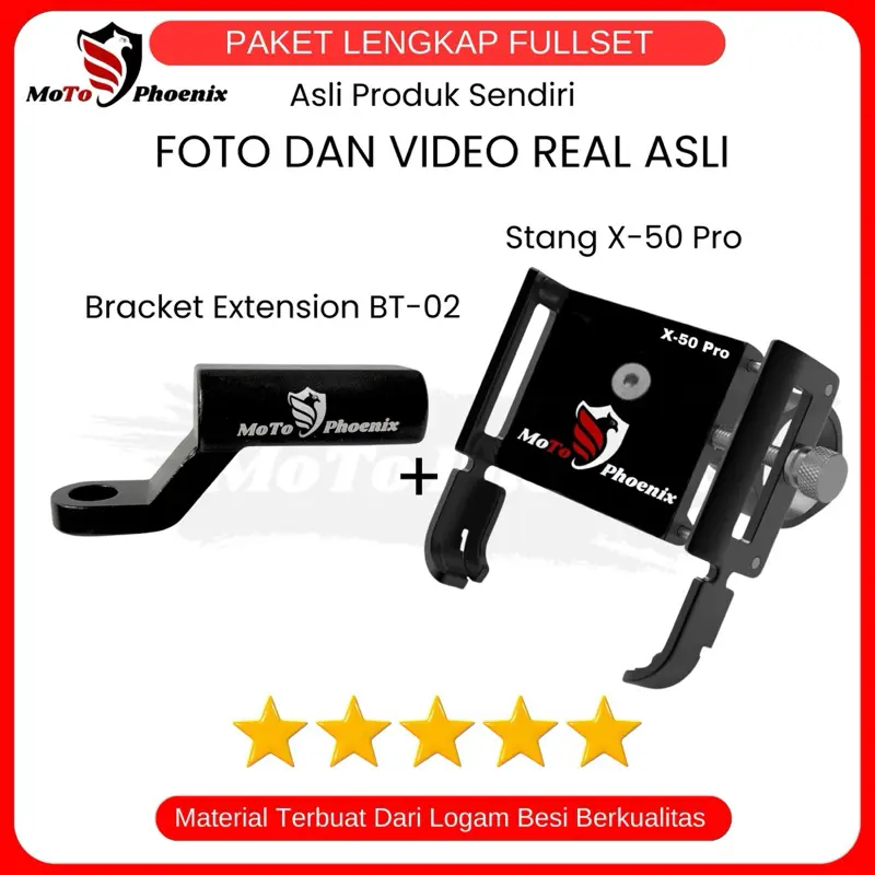 ( FULLSET ) Holder Motor MoTo Phoenix X-50 Pro Full Logam dengan Bracket Extention Spion Motor Phone Holders & Mounts BT-02
