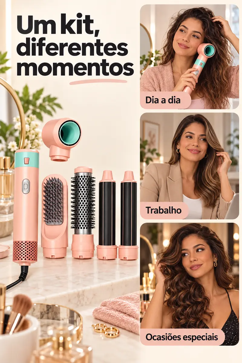 Escova Secadora 5 em 1 Multifuncional, Modeladora Alisa Seca e Dá Volume, Escova de Ar Quente Destacável, Modelador de Cachos com Íons Negativos, Presente Ideal para Mulheres, Garantia de 1 Ano