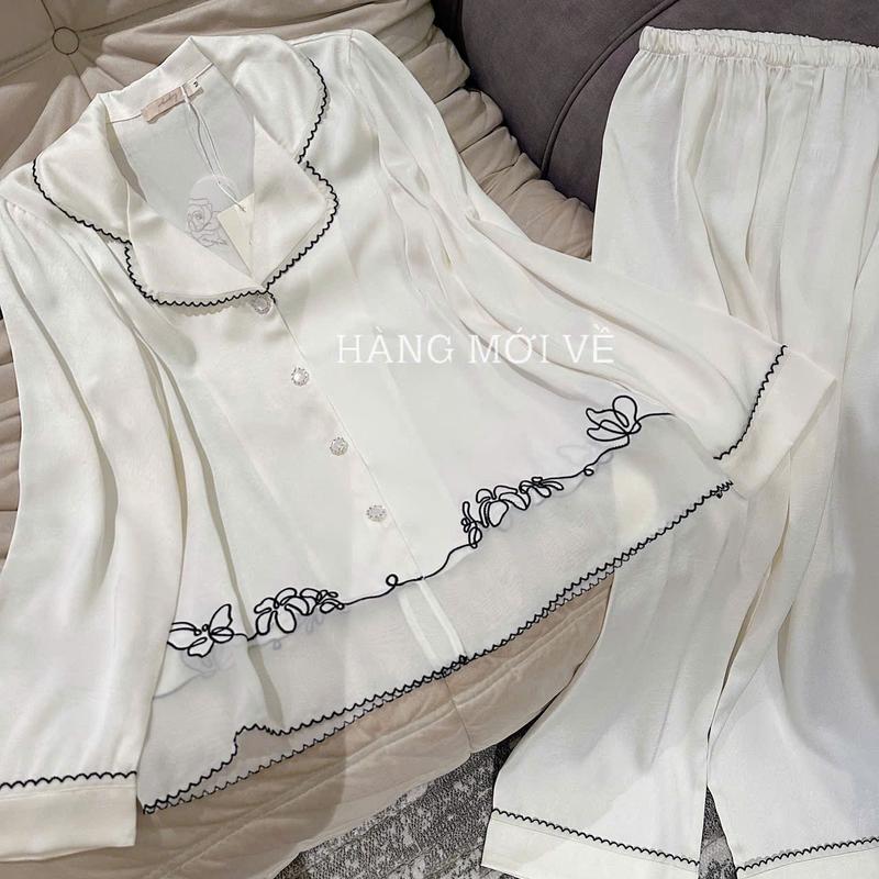 N421- Pijama dài tay lụa vân gấm tơ cao cấp hoa thêu hàng LYLY- Bộ ngủ mặc nhà hàng quảng châu cao cấp