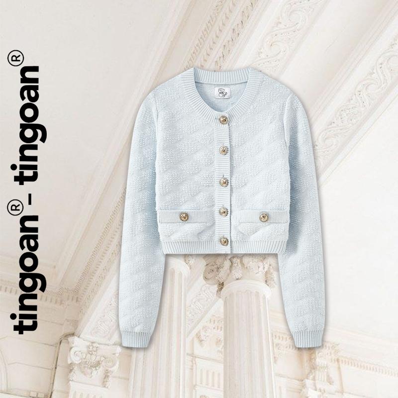 TINGOAN - Áo len xù xanh nhạt cardigan cổ tròn vân quả trám nổi dài tay TRẮNG RACHEL TOP BLUE