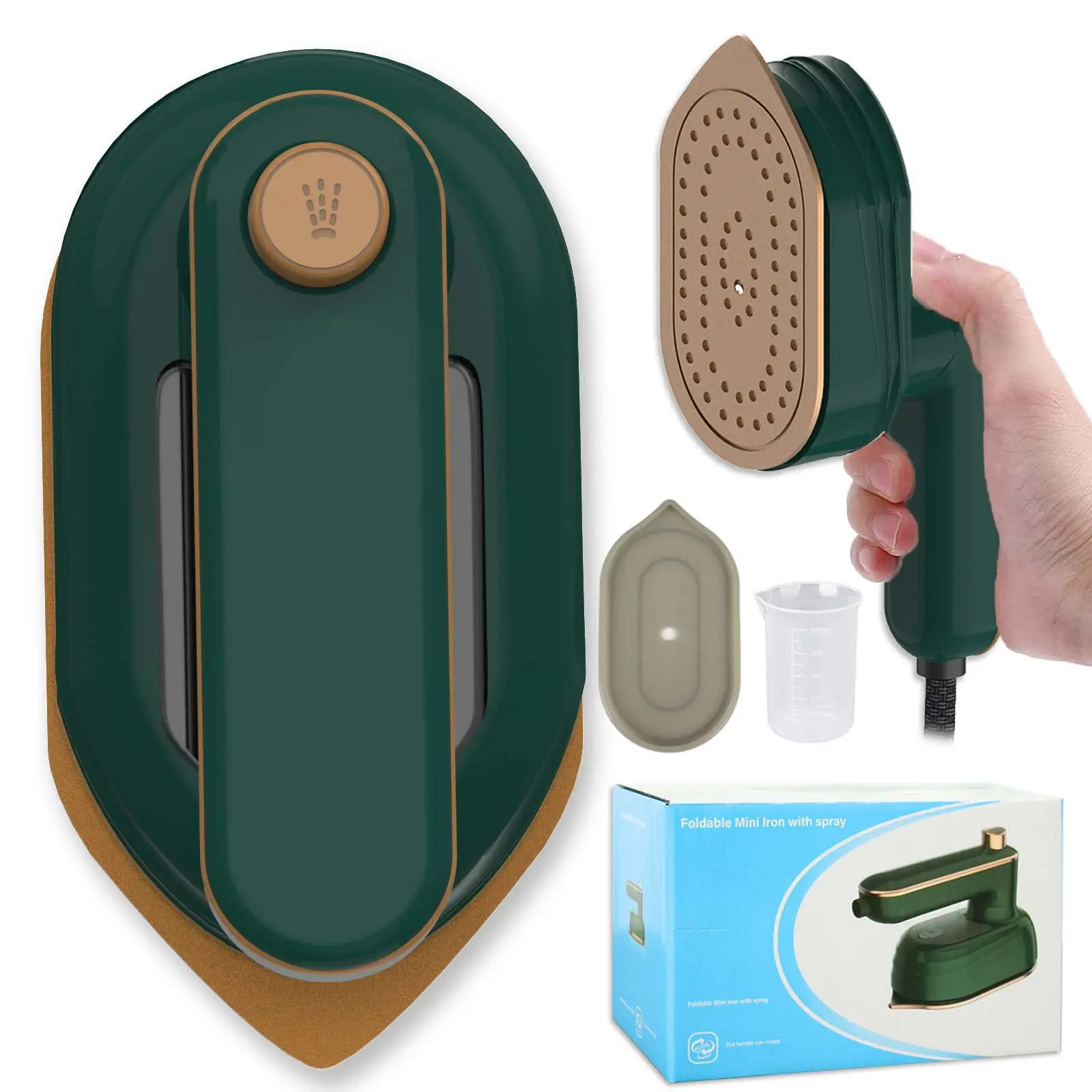 Travel Mini Iron, 2 In 1 180° Rotatable Handheld Iron, Portable Foldable Iron Steam with Dry and Wet Ironing for Clothes, Small Size Plancha De Ropa Heat Press for Home Business(Dark Green)