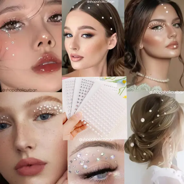 Pearl Face Jewelry Sticker Wajah Permata Sticker Berlian Sticker Diamond Face Sticker Wajah Swaroski Crystal Face Sticker Perhiasan Wajah Mengkilap Riasan Berlian Make Up Konser Riasan Konser Make up Pesta Stiker Wajah Berlian.