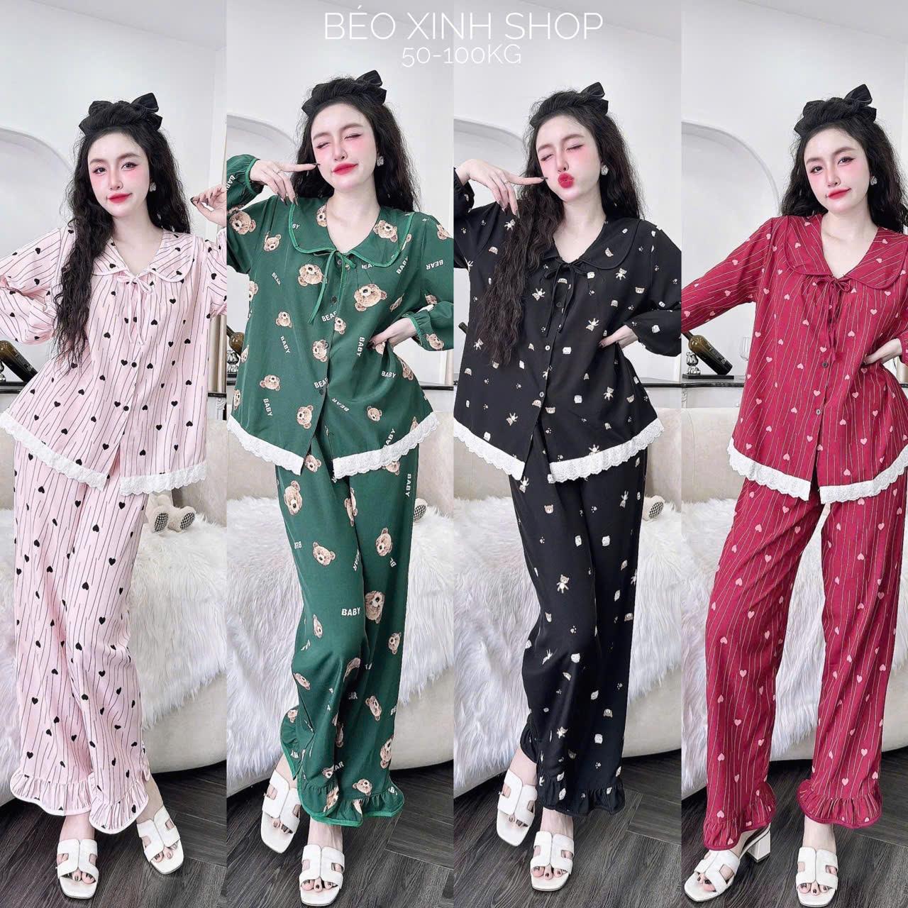 Đồ Bộ - Đồ Ngủ Tay Dài Cổ Sen Phối Nơ Pijama Bigsize 50-100kg Vải Lụa Nhật Tiểu Thư Nữ Women Quần Ngủ Thun - A.5658