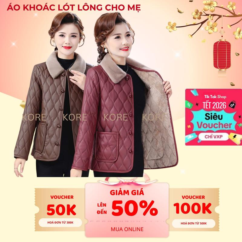 Áo Khoác Trung Niên Cho Mẹ Vải Da Bền Cản Gió Lót Lông Ấm Áp Thiết Kế 2 túi Sang Trọng Thanh Lịch 