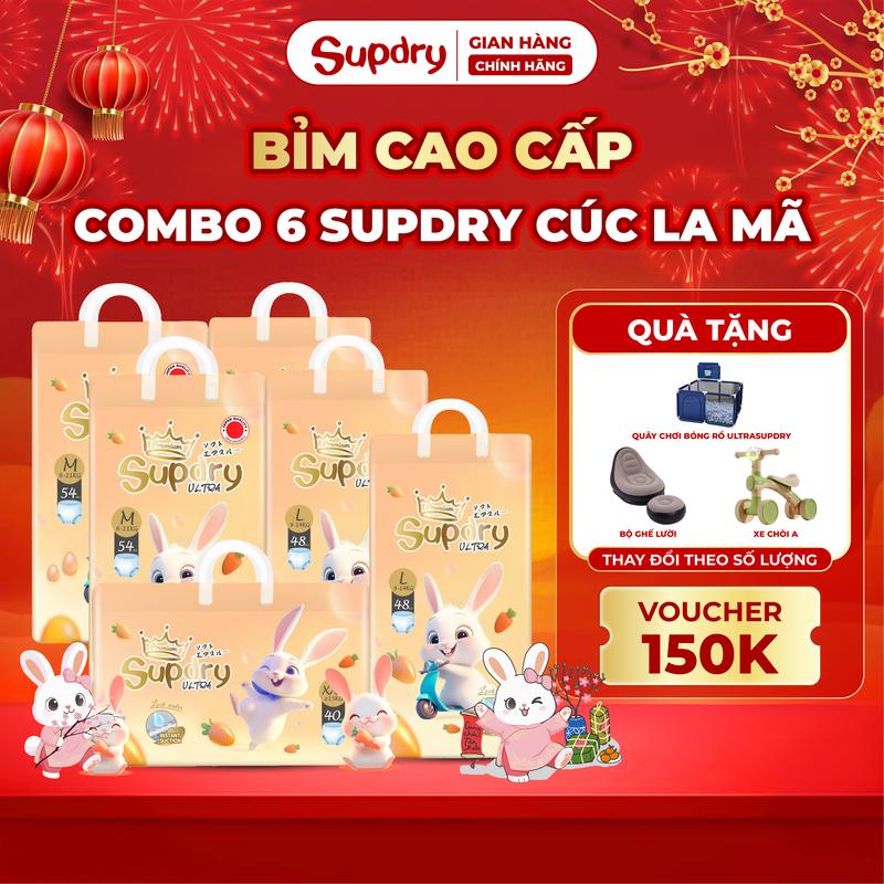 CÓ QUÀ COMBO 6 bịch tã bỉm Supdry Ultra Mềm Mại Siêu Thấm Hút Và An Toàn Cho Bé Size NB S M L XL XXL 3XL 4XL Cho Bé từ 4kg-hơn 19kg + Quà tặng