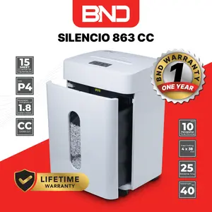 MESIN PENGHANCUR KERTAS SILENCIO 12 LEMBAR | BND PS 863 CC SILENCIO | 150 LEMBAR | 40 DB | P4 HASIL 4X38 MM | CROSS CUT | 25 LITER | UP TO 15 MINUTE WORKING TIME