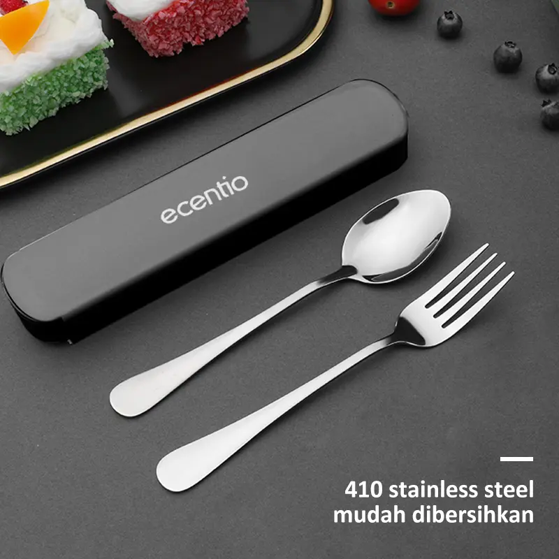 【kotak bekal stainless set】【2.0 anti tumpah】ecentio lunch box stainless 800ml sekat 3 dengan sendok sumpit free kotak sauce kecil Baja Garpu 7