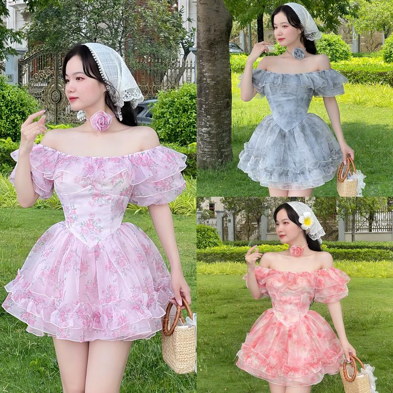 Đầm nữ thiết kế EMME - V2071 trễ vai xếp ly chiết eo bồng xòe dáng ngắn cách điệu top đầm công chúa ( kèm dây hoa và quần bảo hộ )NEW