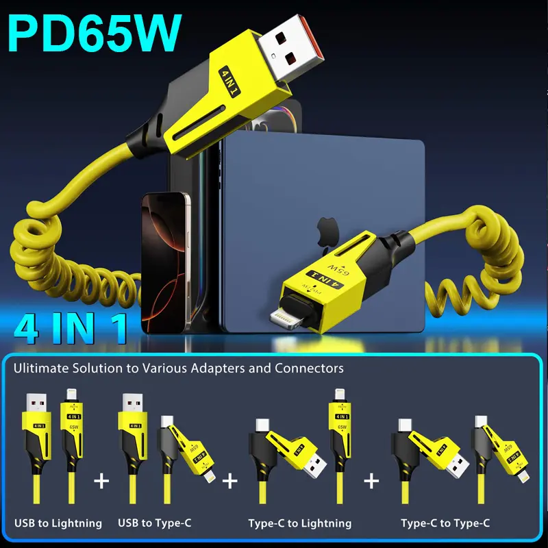 Cáp sạc nhanh USB-C sang Lightning / Type-C, 4 trong 1, Sạc nhanh 65W, Tương thích với Car Play và Android Auto, Thiết kế nhỏ gọn, Sạc nhiều thiết bị, Thích hợp cho iPhone, iPad, Samsung và nhiều thiết bị khác 0