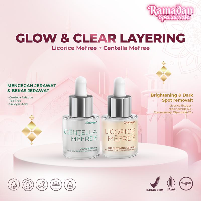 Glow & Clear Layering -  Licorice Mefree +  Centella Mefree (Brightening Serum +  Acne Serum) - Mencerahkan sekaligus mengurangi jerawat, minyak berlebih, komedo dan chicken skin 1