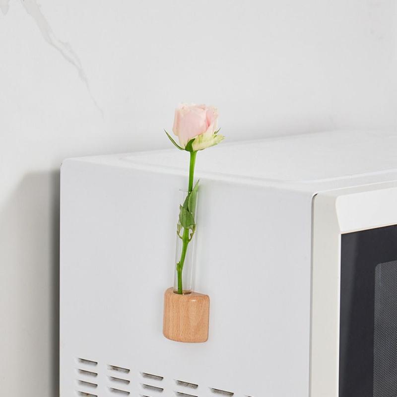 Household Refrigerator Magnet Test Tube Clear Vase with Wooden Base Space-Saving Transparent Hydroponic Vase Decoration Plastic Plants Flower Pot 3