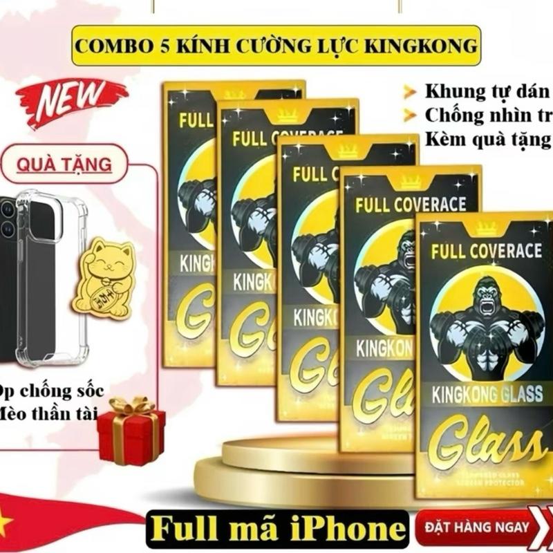 Combo 5 kính cường lực Kinhkong chống nhìn trộm full màn hình có khung tự dán, TẶNG 1 ốp chống sốc + 1 mèo thần tài cho các dòng iphone