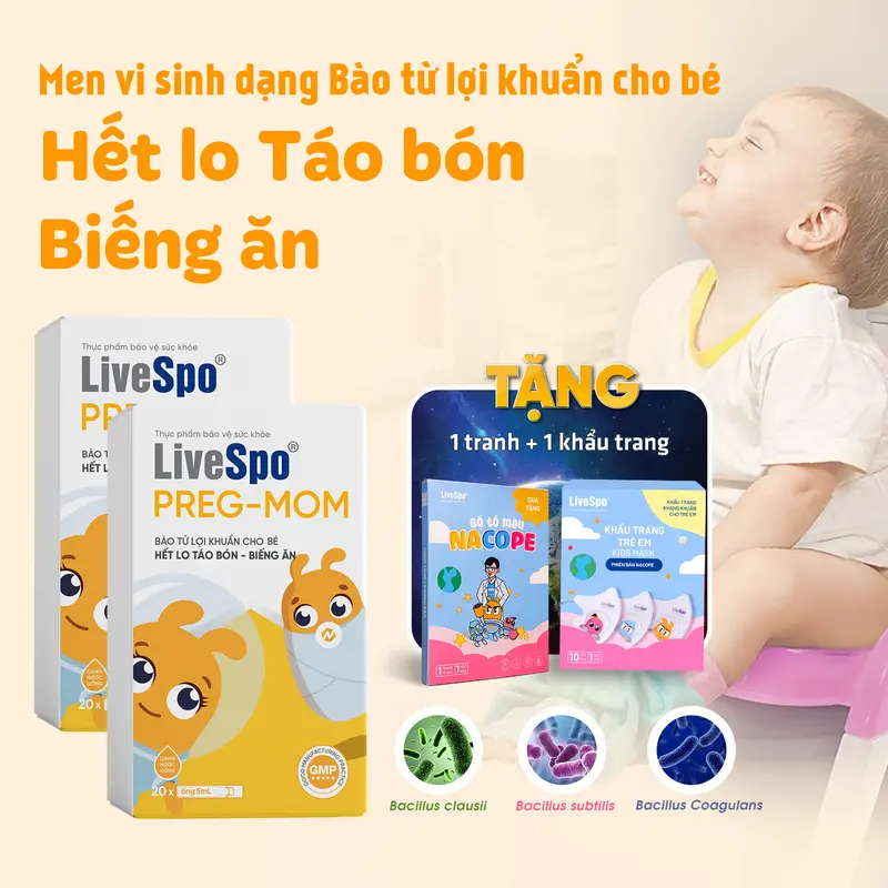 [Tặng 1 tranh +1 khẩu trang] Combo 2 hộp Men vi sinh cho Trẻ LiveSpo PREGMOM - 60 tỷ bào tử lợi khuẩn hỗ trợ giảm táo bón rối loạn tiêu hóa, Chậm Tăng Cân Cho Bé  (Hộp 20 ống)  Hoặc Tặng { 2 tranh, 2 khẩu trang} 0