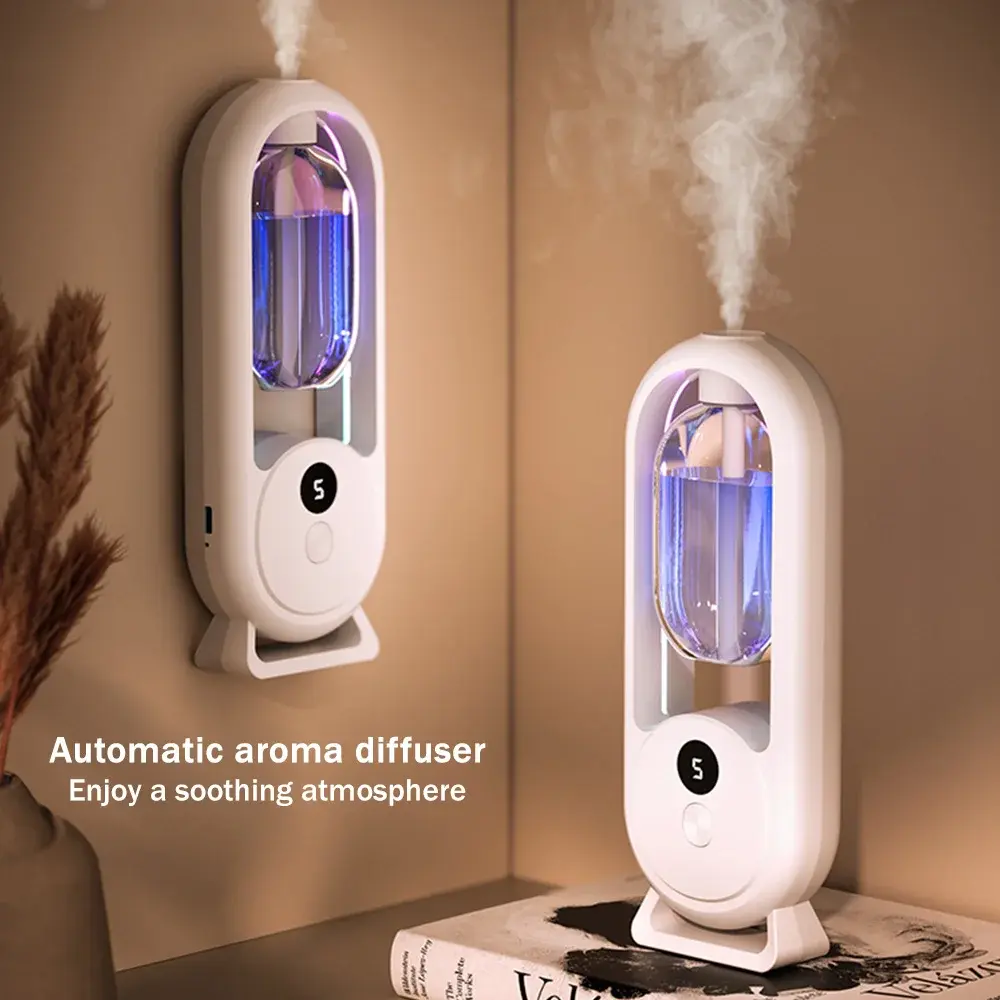 Boleh Dicas Semula Penyebar Aroma Penyegar Udara Aromaterapi, Semburan Penyegar Udara Automatik, Pelembap Rumah, Penyebar Wangian Minyak Pati, Penyebar Aroma perfume spray home perfume rumah tahan lama Humidifier Putih Mesin  dengan Lampu room fragrance