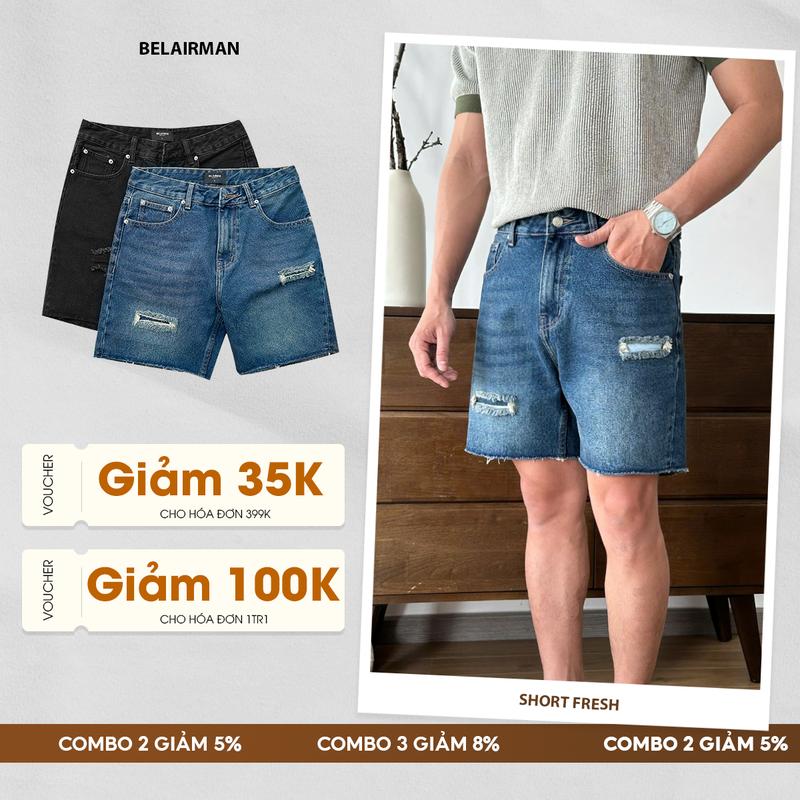 Quần short jean nam BELAIRMAN FRESH DENIM, rách gấu, form trên gối, khóa kéo, Pants - QSJF0114 Menswear Có Túi
