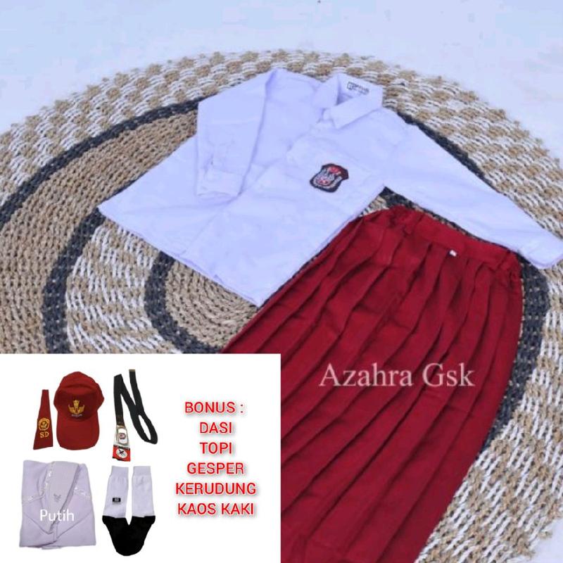 Seragam Sekolah SD Merah Putih Anak Perempuan Satu Set Lengkap Isi Topi Dasi Gesper Kaos Kaki Kerudung Kelas 1-6 Best Quality Bisa COD Setelan 1