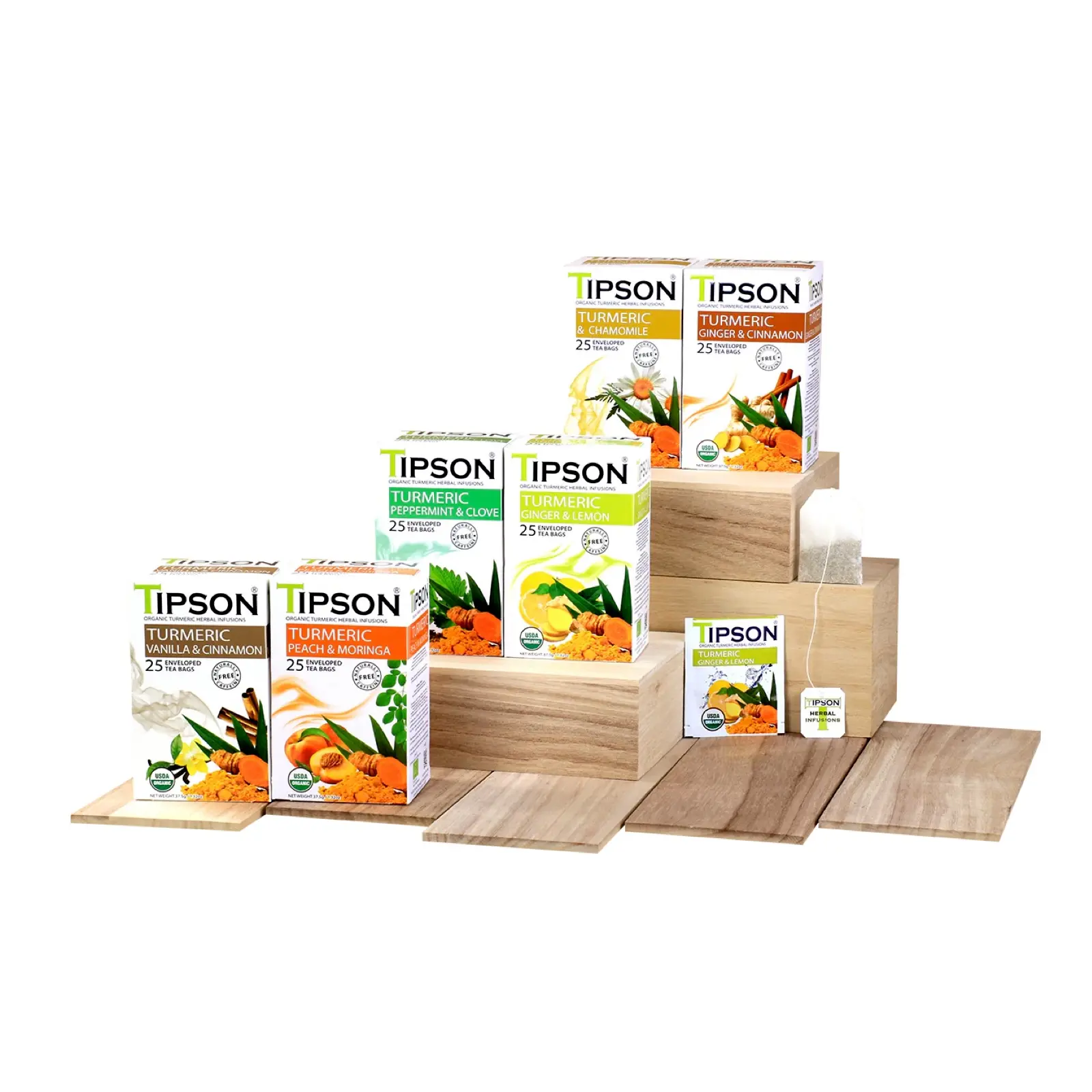 Tipson Tea Turmeric Collection - 25 Tea Bags (Peppermint Clove / Chamomile / Ginger Cinnamon / Vanilla Cinnamon / Ginger Lemon / Peach Moringa) - Caffeine-Free Beverage