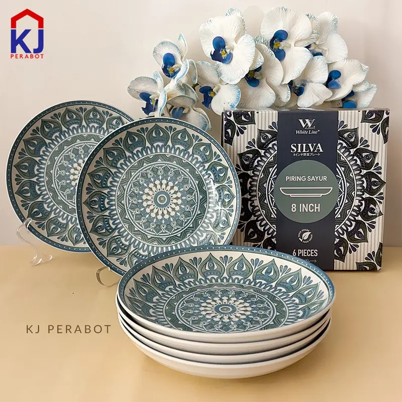KJ Perabot - White Line Piring 8 inci Bulan 6`S Set Simple Kitchenware 0