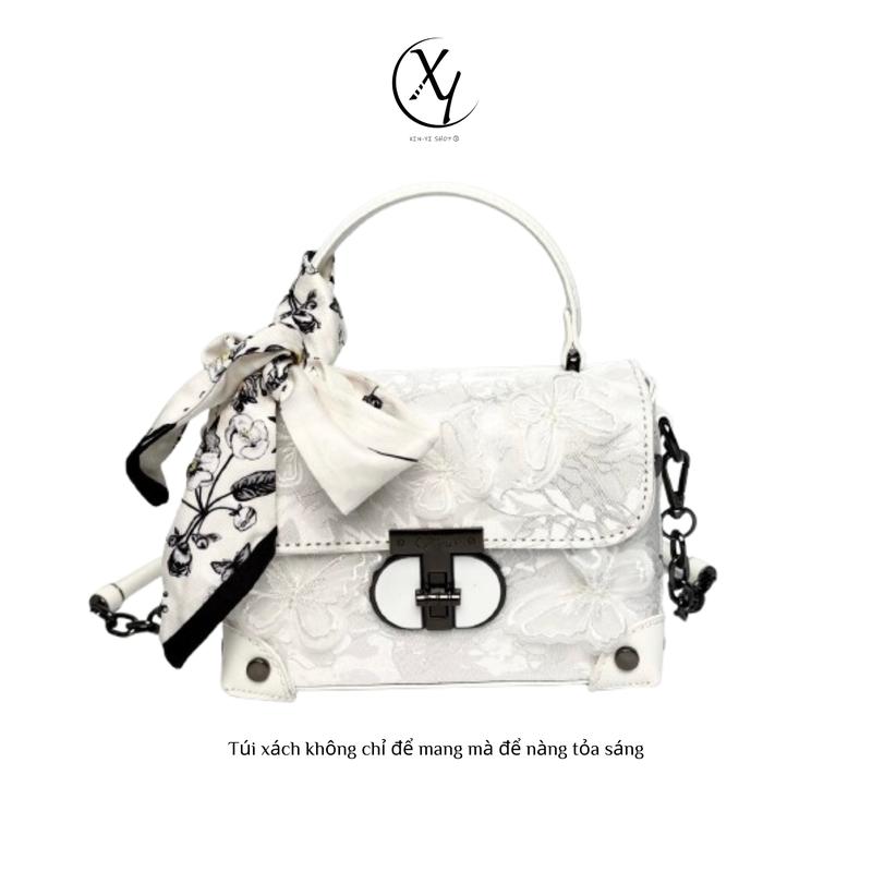 [Deal độc quyền Xinyi] SIZE:20x13x8  Xinyi Bag Túi xách nữ hộp bướm thêu mới, Trắng túi vuông nhỏ xách tay dung tích lớn, túi thiết kế độc đáo sang trọng nhẹ nhàng, túi xách nữ thanh lịch Da Nữ